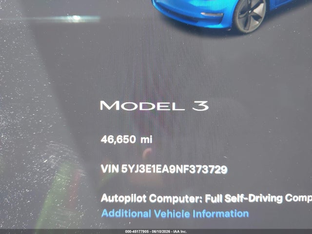 5YJ3E1EA9NF373729 Tesla Model 3 Rear-wheel Drive