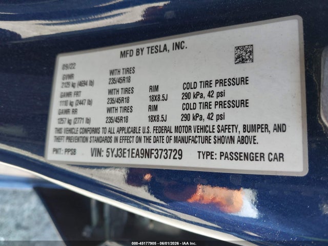 5YJ3E1EA9NF373729 Tesla Model 3 Rear-wheel Drive