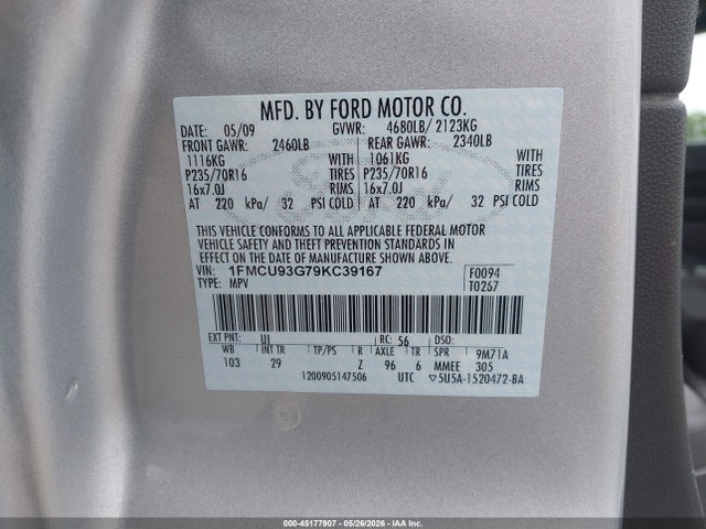 45177907 :رقم المزاد ، 1FMCU93G79KC39167 vin ، 2009 Ford Escape Xlt مزاد بيع
