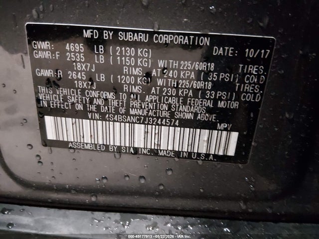 Subaru Outback 2.5i Limited 2018 4S4BSANC7J3244574 Image 9