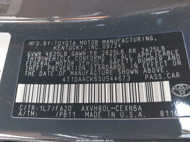 Aukcja sprzedaży 2025 Toyota Camry Le, vin: 4T1DAACK6SU544673, numer aukcji: 45177914