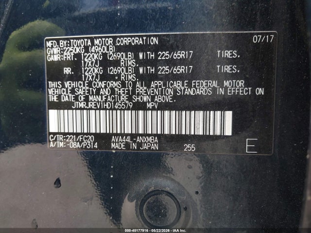 JTMRJREV1HD145579 Toyota Rav4 Hybrid Xle