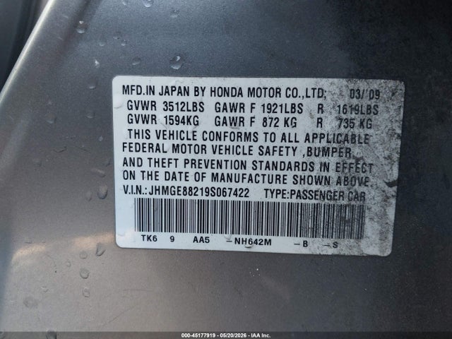 Aukcja sprzedaży 2009 Honda Fit, vin: JHMGE88219S067422, numer aukcji: 45177919