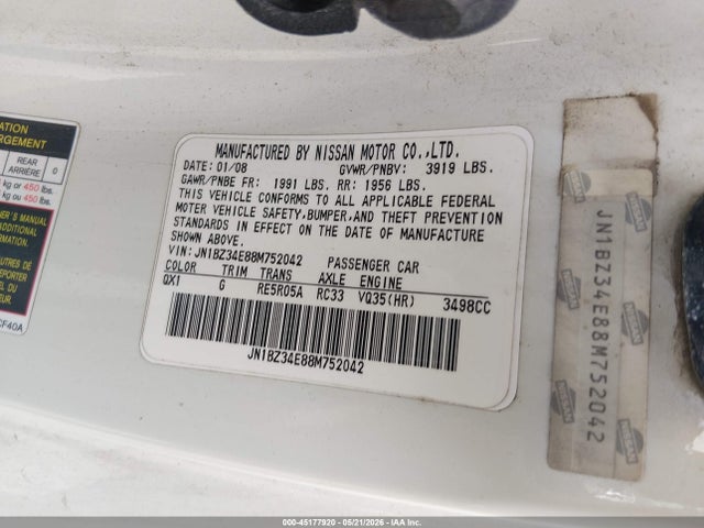 2008 Nissan 350z Touring მანქანა იყიდება აუქციონზე, vin: JN1BZ34E88M752042, აუქციონის ნომერი: 45177920