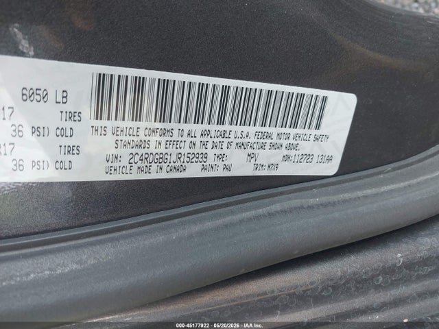 45177922 :رقم المزاد ، 2C4RDGBG1JR152939 vin ، 2018 Dodge Grand Caravan Se Plus مزاد بيع
