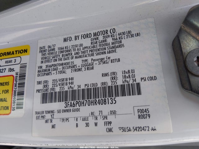 2017 Ford Fusion Se მანქანა იყიდება აუქციონზე, vin: 3FA6P0H70HR408135, აუქციონის ნომერი: 45177930