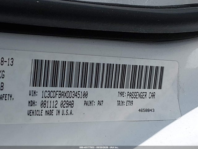 45177933 :رقم المزاد ، 1C3CDFBAXDD345100 vin ، 2013 Dodge Dart Sxt مزاد بيع