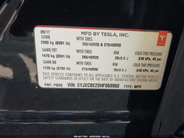 Aukcja sprzedaży 2017 Tesla Model X 100d/75d/90d, vin: 5YJXCBE20HF069960, numer aukcji: 45177941
