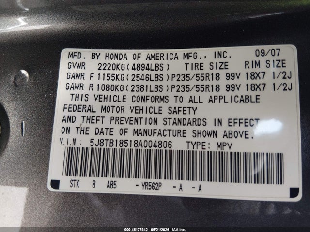 Продажа на аукционе авто 2008 Acura Rdx, vin: 5J8TB18518A004806, номер лота: 45177942