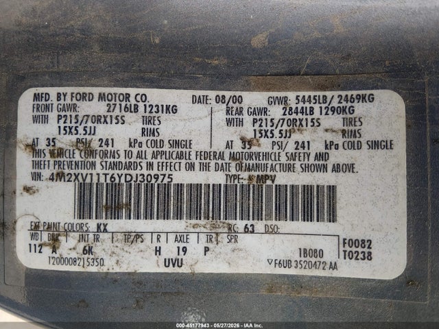 Продаж на аукціоні авто 2000 Mercury Villager, vin: 4M2XV11T6YDJ30975, номер лоту: 45177943