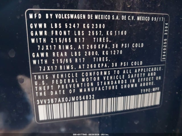 3VV3B7AX0JM054832 Volkswagen Tiguan 2.0t Se/2.0t Sel