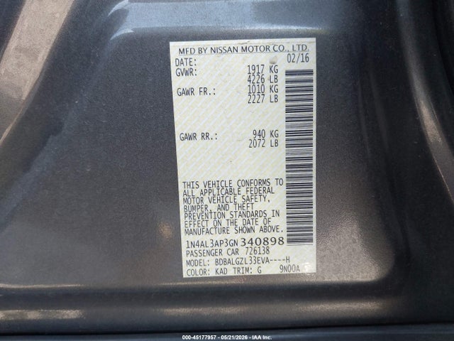 Aukcja sprzedaży 2016 Nissan Altima 2.5 S, vin: 1N4AL3AP3GN340898, numer aukcji: 45177957