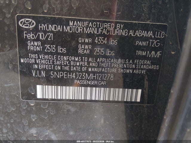 45177973 :رقم المزاد ، 5NPEH4J23MH121278 vin ، 2021 Hyundai Sonata Limited مزاد بيع