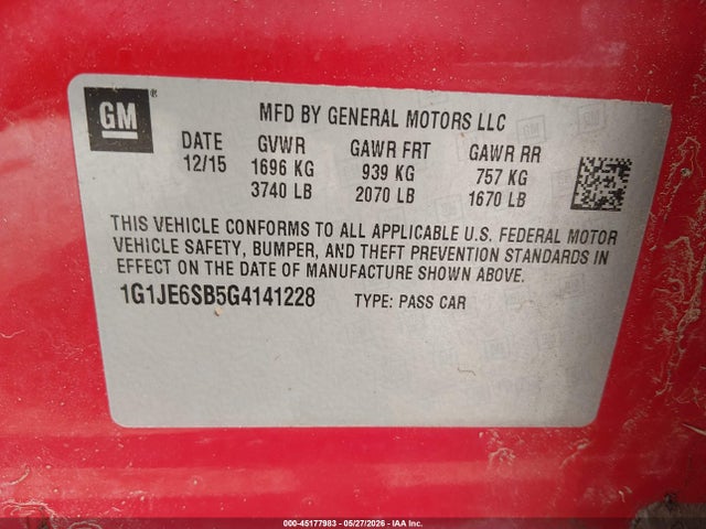Chevrolet Sonic Ltz Auto 2016 1G1JE6SB5G4141228 Image 9