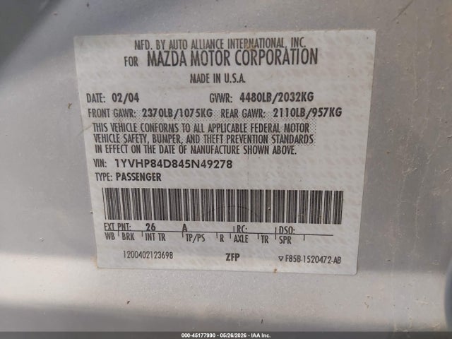 Продаж на аукціоні авто 2004 Mazda Mazda6 S, vin: 1YVHP84D845N49278, номер лоту: 45177990