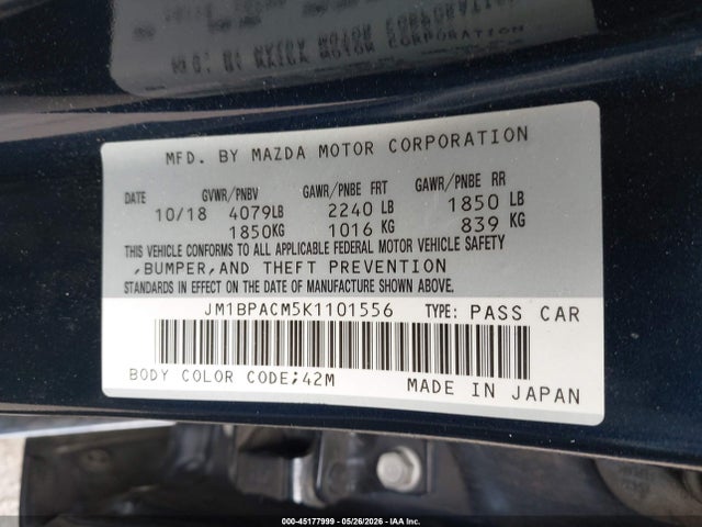 Продажа на аукционе авто 2019 Mazda Mazda3 Premium Package, vin: JM1BPACM5K1101556, номер лота: 45177999