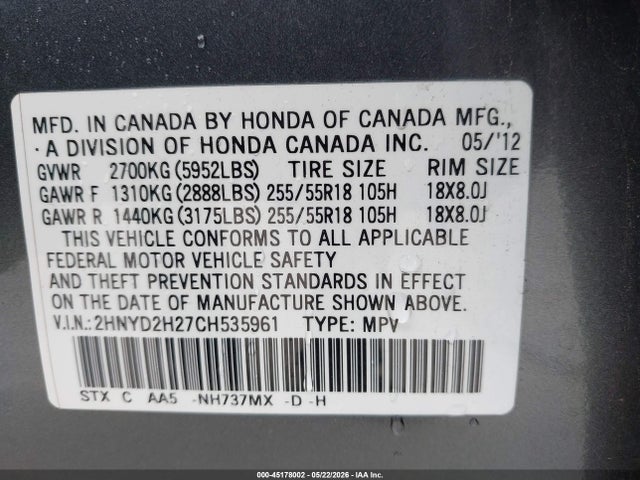 2012 Acura Mdx მანქანა იყიდება აუქციონზე, vin: 2HNYD2H27CH535961, აუქციონის ნომერი: 45178002