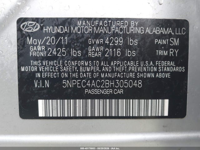 Продаж на аукціоні авто 2011 Hyundai Sonata Limited, vin: 5NPEC4AC2BH305048, номер лоту: 45178003