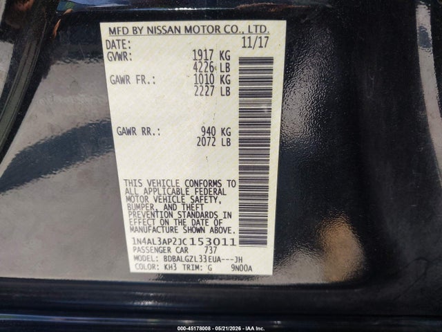 45178008 :رقم المزاد ، 1N4AL3AP2JC153011 vin ، 2018 Nissan Altima 2.5 S مزاد بيع