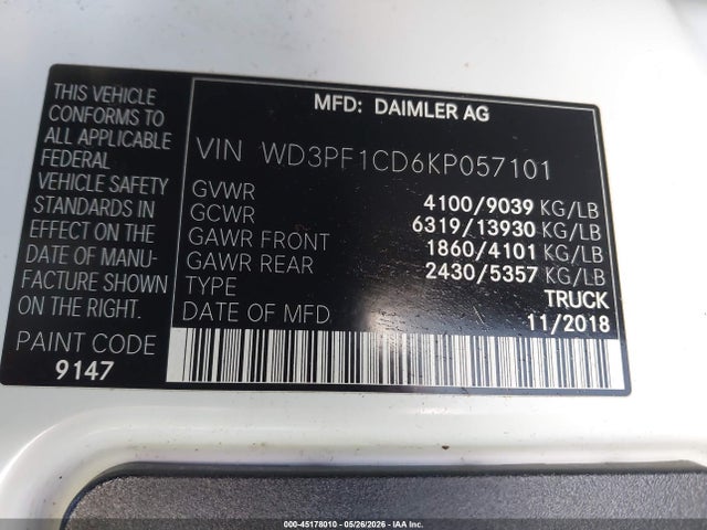 Aukcja sprzedaży 2019 Mercedes-benz Sprinter 2500 High Roof V6, vin: WD3PF1CD6KP057101, numer aukcji: 45178010