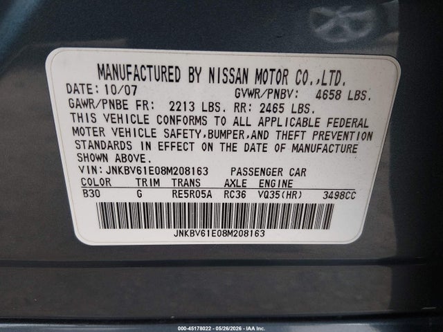 45178022 :رقم المزاد ، JNKBV61E08M208163 vin ، 2008 Infiniti G35 Journey مزاد بيع