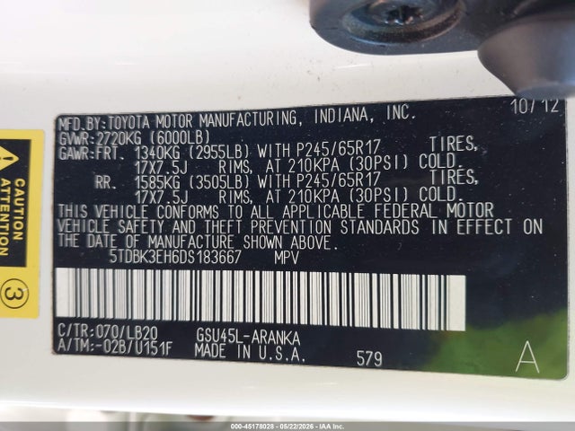 45178028 :رقم المزاد ، 5TDBK3EH6DS183667 vin ، 2013 Toyota Highlander Se V6 مزاد بيع