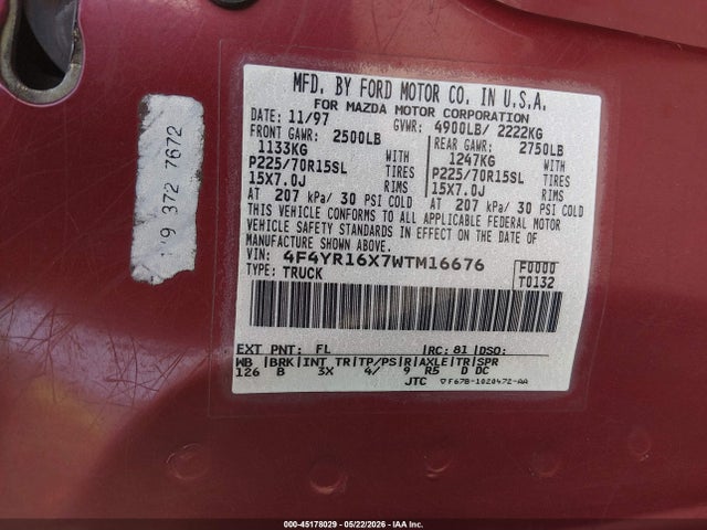 45178029 :رقم المزاد ، 4F4YR16X7WTM16676 vin ، 1998 Mazda B4000 Se مزاد بيع