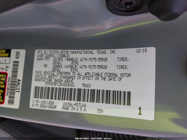 Aukcja sprzedaży 2019 Toyota Tundra Limited 5.7l V8, vin: 5TFHY5F13KX810161, numer aukcji: 45178031