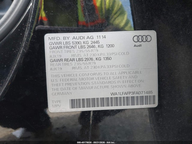 Продаж на аукціоні авто 2015 Audi Q5 2.0t Premium, vin: WA1LFAFP3FA071485, номер лоту: 45178038
