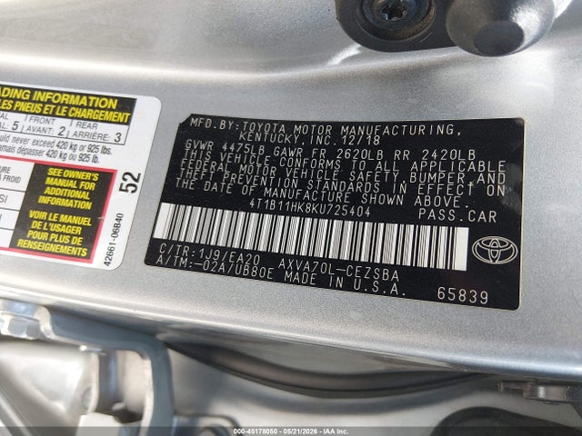 Продаж на аукціоні авто 2019 Toyota Camry Se, vin: 4T1B11HK8KU725404, номер лоту: 45178050