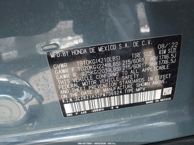 3CZRZ1H32PM706924 Honda Hr-v 2wd Lx