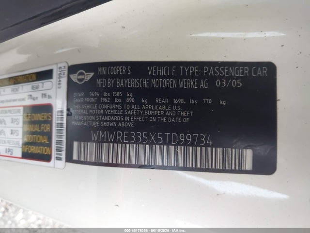 Aukcja sprzedaży 2005 Mini Cooper S, vin: WMWRE335X5TD99734, numer aukcji: 45178056