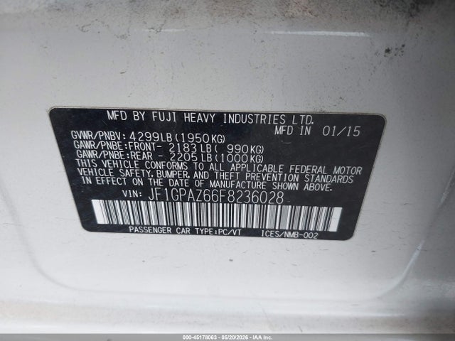 Aukcja sprzedaży 2015 Subaru Impreza 2.0i Sport Limited, vin: JF1GPAZ66F8236028, numer aukcji: 45178063
