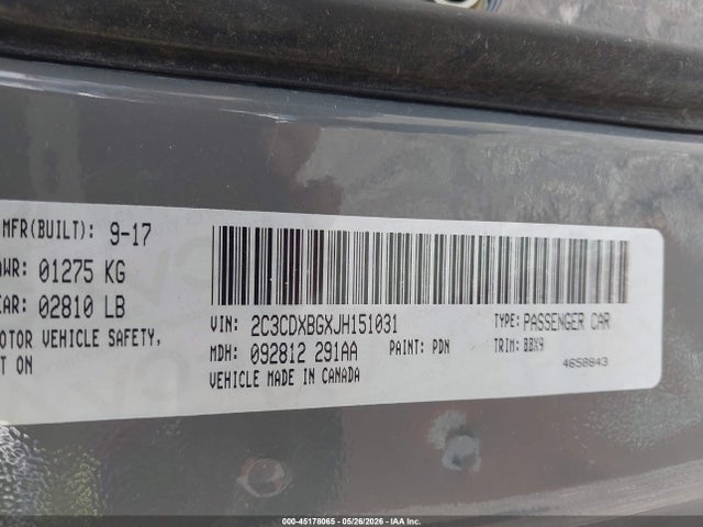 2C3CDXBGXJH151031 Dodge Charger Sxt Rwd