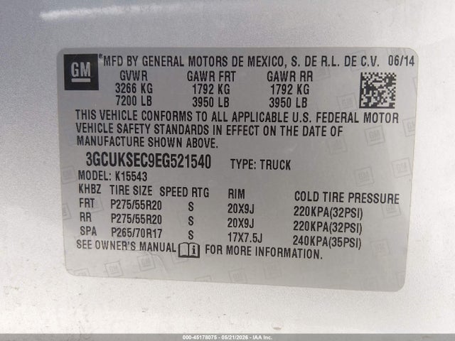 3GCUKSEC9EG521540 Chevrolet Silverado 1500 1lz