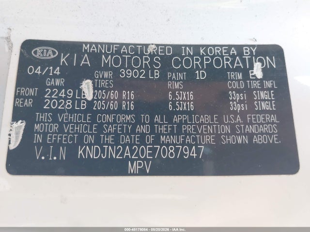 Продажа на аукционе авто 2014 Kia Soul, vin: KNDJN2A20E7087947, номер лота: 45178084