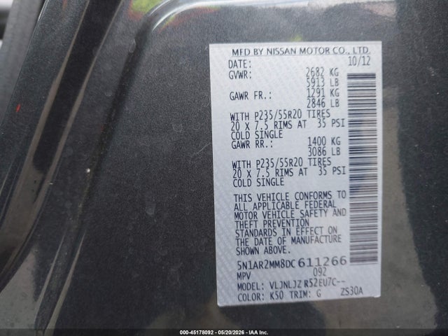 Продаж на аукціоні авто 2013 Nissan Pathfinder Platinum, vin: 5N1AR2MM8DC611266, номер лоту: 45178092