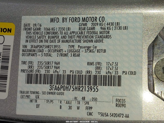 Ford FUSION SE 2017 3FA6P0H75HR213955 Image 9