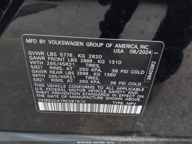 2024 Volkswagen Atlas Cross Sport 2.0t Sel Premium R-line მანქანა იყიდება აუქციონზე, vin: 1V2FE2CA7RC261910, აუქციონის ნომერი: 45178105