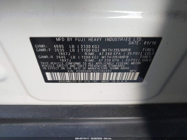 Subaru Outback 2.5i Limited 2016 4S4BSANC5G3280482 Image 9
