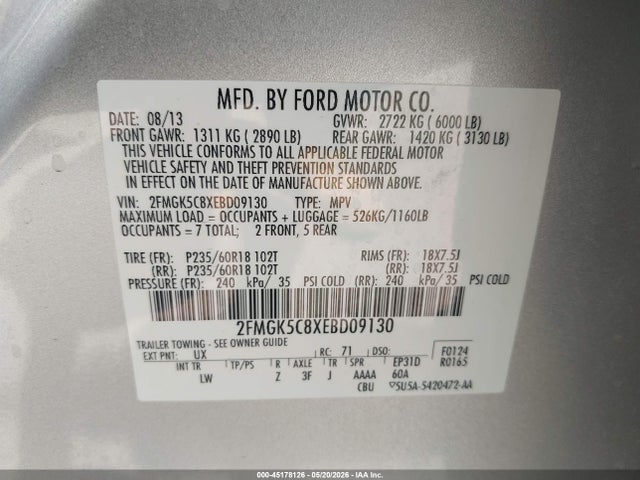 Aukcja sprzedaży 2014 Ford Flex Sel, vin: 2FMGK5C8XEBD09130, numer aukcji: 45178126