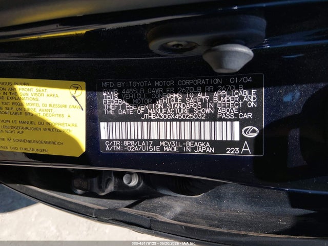 2004 Lexus Es 330 მანქანა იყიდება აუქციონზე, vin: JTHBA30GX45025032, აუქციონის ნომერი: 45178129