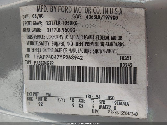 Продаж на аукціоні авто 2000 Ford Mustang, vin: 1FAFP4047YF263942, номер лоту: 45178132