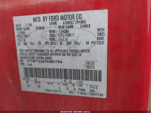 Aukcja sprzedaży 2007 Ford F-150 Stx/xl/xlt, vin: 1FTRF12297KB61794, numer aukcji: 45178138