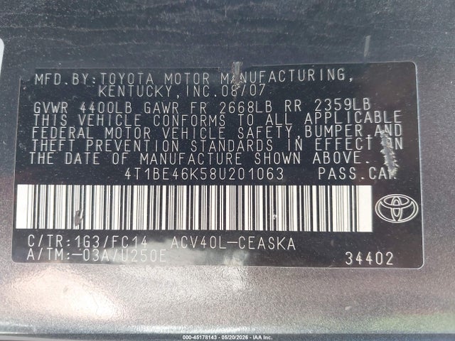 2008 Toyota Camry Se მანქანა იყიდება აუქციონზე, vin: 4T1BE46K58U201063, აუქციონის ნომერი: 45178143