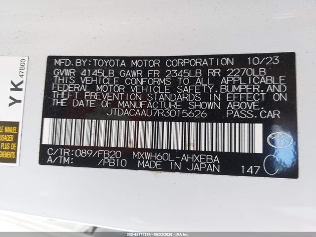 Aukcja sprzedaży 2024 Toyota Prius Le, vin: JTDACAAU7R3015626, numer aukcji: 45178154