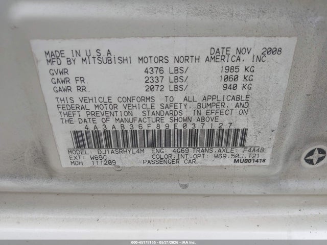 2009 Mitsubishi Galant Es/sport Edition მანქანა იყიდება აუქციონზე, vin: 4A3AB36F89E037127, აუქციონის ნომერი: 45178155