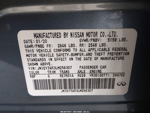 45178157 :رقم المزاد ، JN1EV7AR3LM256307 vin ، 2020 Infiniti Q50 Luxe Awd مزاد بيع