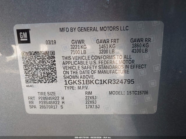 Aukcja sprzedaży 2019 Gmc Yukon Slt, vin: 1GKS1BKC1KR324795, numer aukcji: 45178158