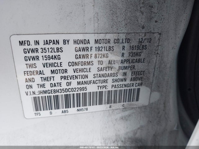 Aukcja sprzedaży 2013 Honda Fit, vin: JHMGE8H35DC022995, numer aukcji: 45178181